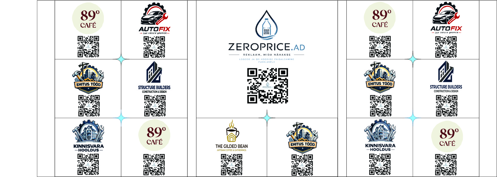 Ühine reklaamietikett mitme ettevõtte logode ja QR-koodidega